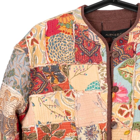 Patchwork Kantha Jacket XL Floral Boho Peasant Festival Long Layering Earthy - Picture 2 of 6